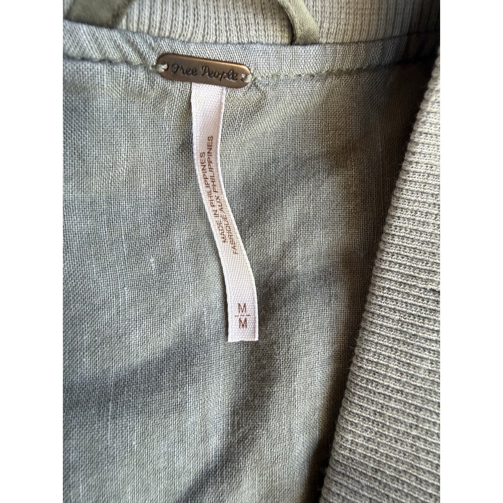 Free People Women's Medium Ruched Sleeve Bomber Jacket Olive Green Linen Blend - Picture 3 of 10